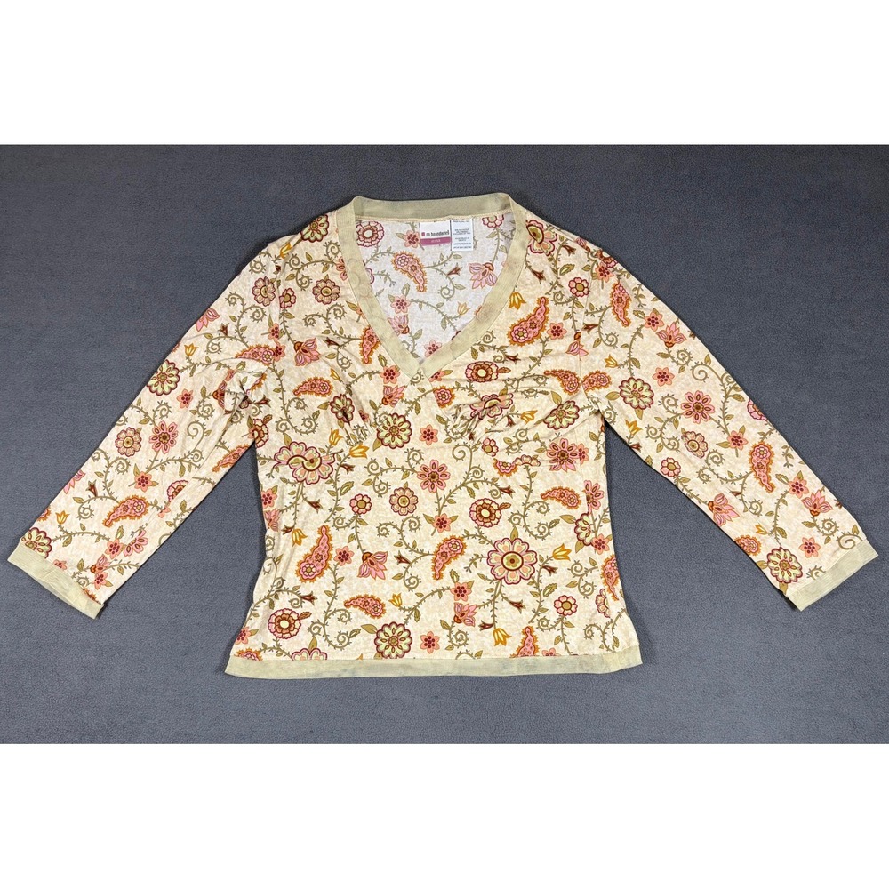 No Boundaries V-Neck Top Juniors Medium 7/9 Beige Floral Paisley Mesh Trim